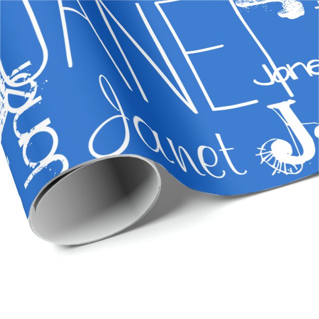 Personalised Name Typography White Blue Wrapping Paper (Roll Corner)