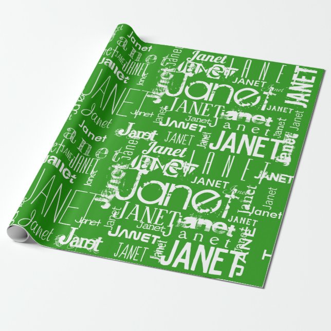 Personalised Name Typography White Green Wrapping Paper (Unrolled)
