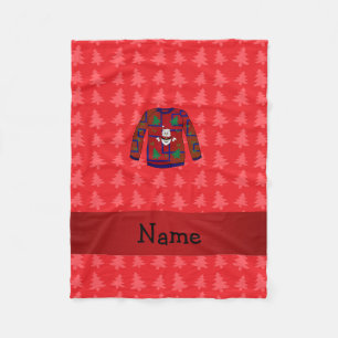 Personalised name ugly christmas sweater red trees fleece blanket