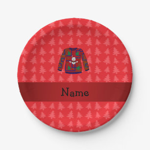 Personalised name ugly christmas sweater red trees paper plate
