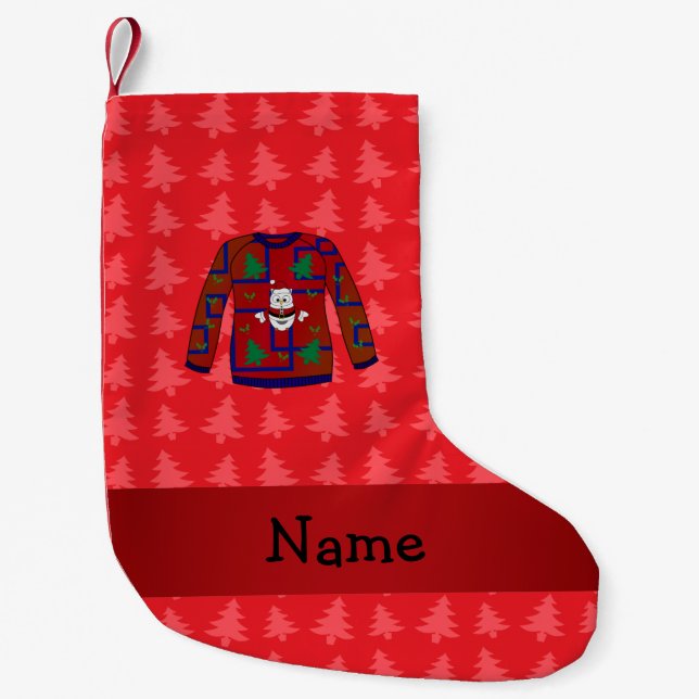 Personalised name ugly christmas sweater red trees small christmas stocking (Front)