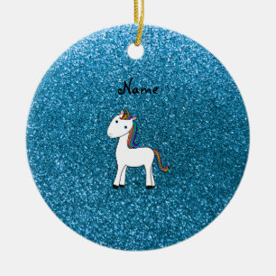 Personalised name unicorn blue glitter ceramic tree decoration