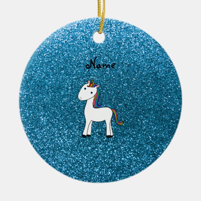 Personalised name unicorn blue glitter ceramic tree decoration (Front)