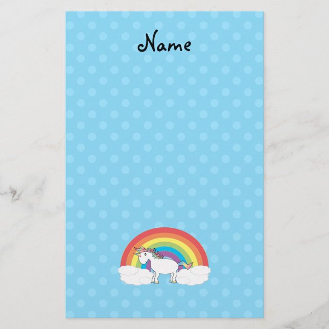Personalised name unicorn blue polka dots stationery (Front)