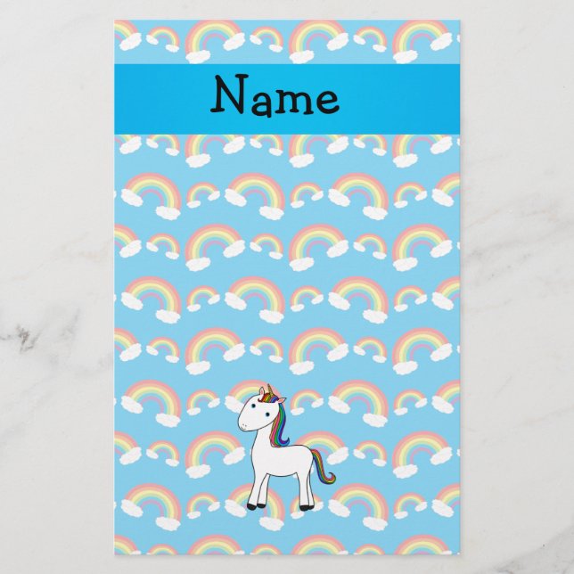 Personalised name unicorn blue rainbows stationery (Front)