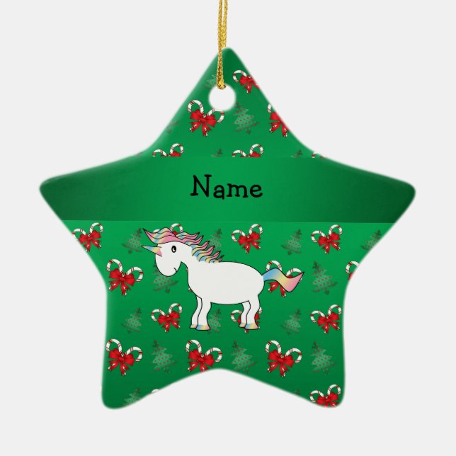 Personalised name unicorn green candy canes bows ceramic tree decoration (Front)