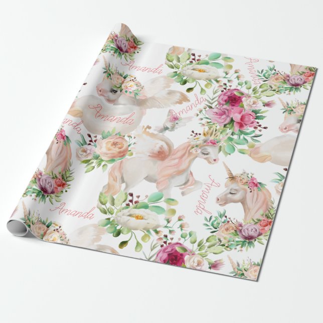 Personalised Name Unicorn Lover Pretty Wrapping Paper (Unrolled)