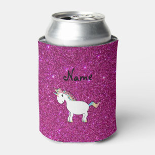 Personalised name unicorn pink glitter can cooler