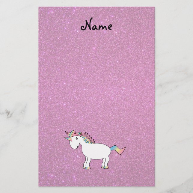 Personalised name unicorn pink glitter stationery (Front)