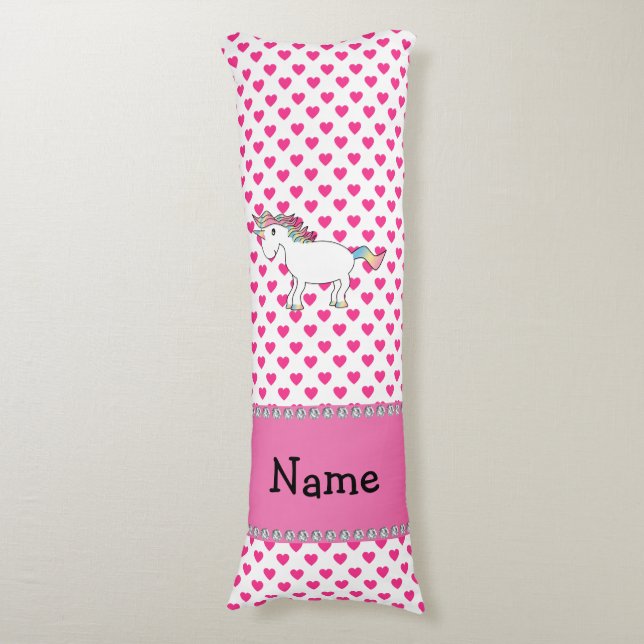 Personalised name unicorn pink hearts body cushion (Front Vertical)