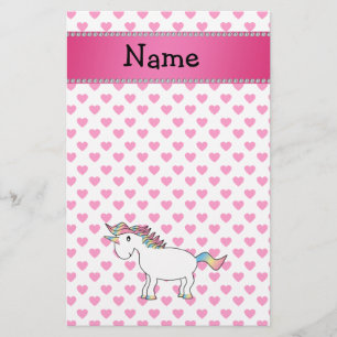 Personalised name unicorn pink hearts stationery