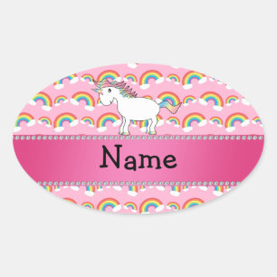 Personalised name unicorn pink rainbows oval sticker