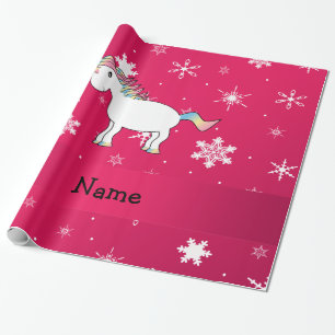 Personalised name unicorn pink snowflakes wrapping paper