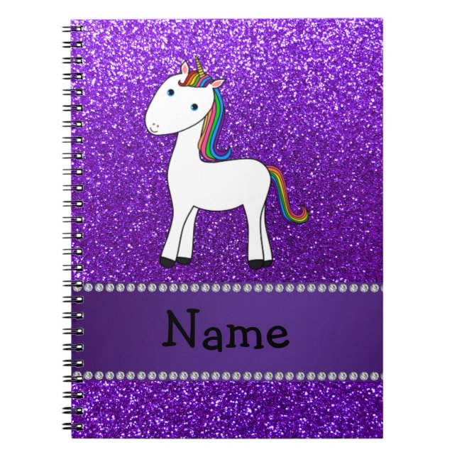 Personalised name unicorn purple glitter notebook (Front)