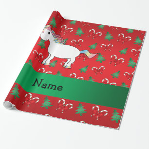 Personalised name unicorn red candy canes bows wrapping paper