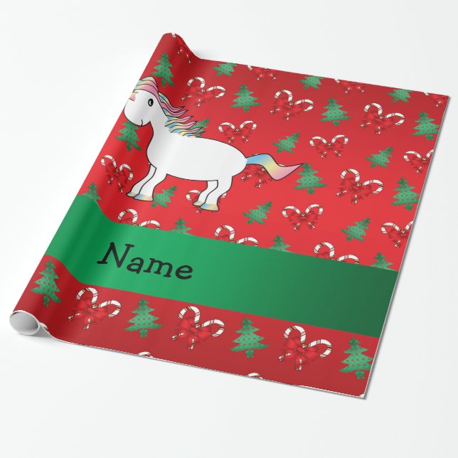 Personalised name unicorn red candy canes bows wrapping paper (Unrolled)