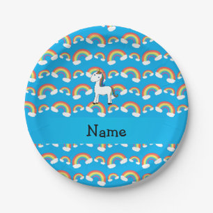 Personalised name unicorn sky blue rainbows paper plate