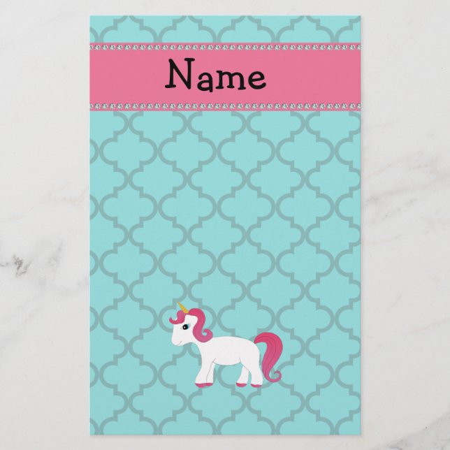 Personalised name unicorn turquoise moroccan stationery (Front)