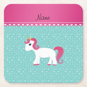 Personalised name unicorn turquoise stars square paper coaster