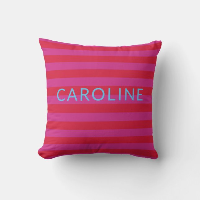 Personalised Name Vibrant Modern Pink Red Striped Cushion (Front)
