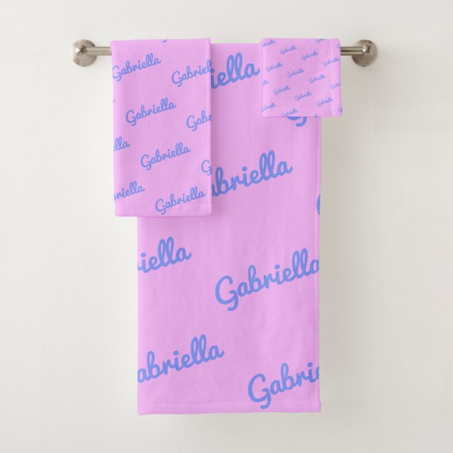 Personalised Name Vibrant Pink Blue Kids Teens Bath Towel Set (Insitu)