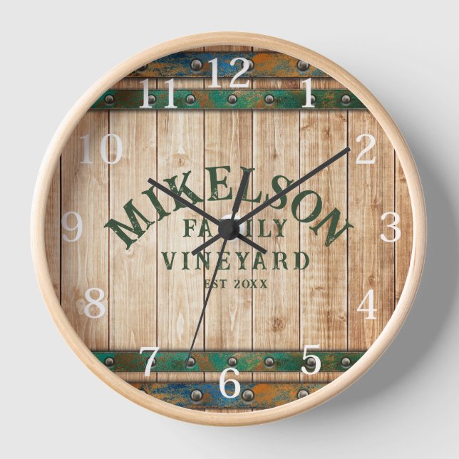 Personalised Name Vineyard Wood Barrel  Clock (Front)
