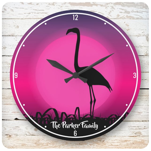 Personalised NAME Vivid Beach Sunset Pink Flamingo Large Clock (Creator Uploaded)