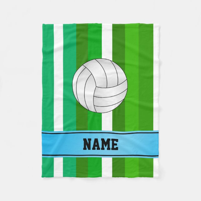 Personalised name volleyball green white stripes fleece blanket (Front)