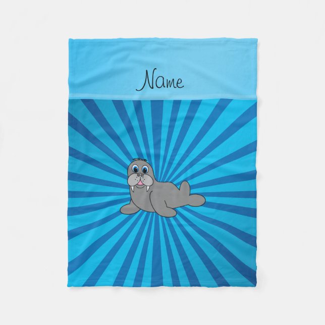 Personalised name walrus blue sunburst fleece blanket (Front)