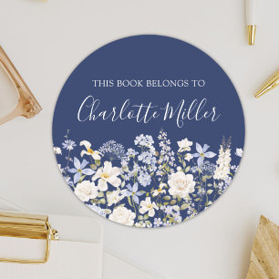 Personalised Name Watercolor Blue Flower Bookplate Classic Round Sticker