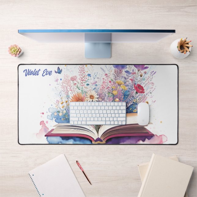 Personalised Name Watercolor Book and Flowers Desk Mat (Office 1)