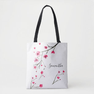 Personalised Name watercolor Cherry Blossom Tote Bag