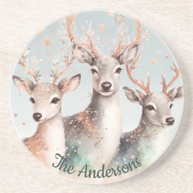 Personalised Name Watercolor Deer Winter Woodland Coaster (Front)