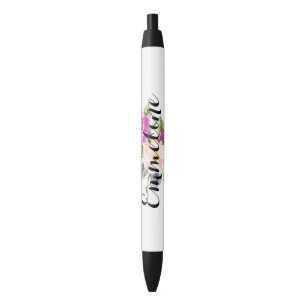 Personalised Name Watercolor Floral Black Ink Pen