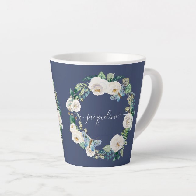 Personalised Name Watercolor Navy Floral Butterfly Latte Mug (Right Angle)