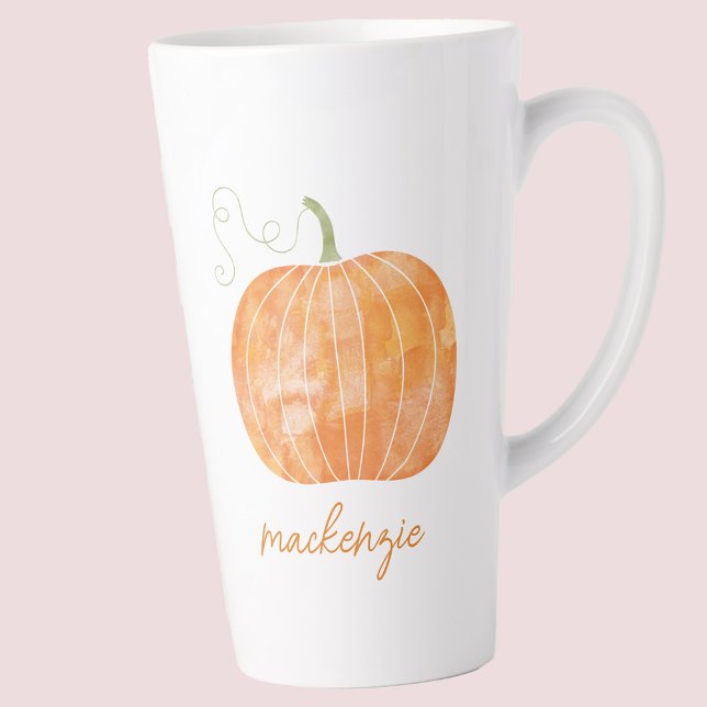Personalised Name Watercolor Pumpkin Autumn Fall Latte Mug (Modern script font personalized custom name watercolor pumpkin autumn fall Thanksgiving latte mug )