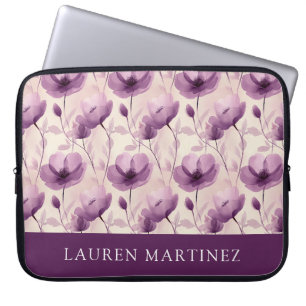 Personalised Name Watercolor Purple Floral Pattern Laptop Sleeve
