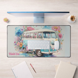 Personalised Name Watercolor Retro Bus Flowers Desk Mat
