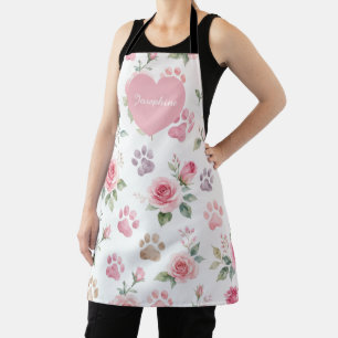 Personalised Name Watercolor Rose & Paw Print Apron