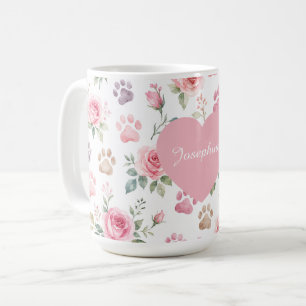 Personalised Name Watercolor Rose & Paw Print Coffee Mug