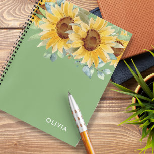 Personalised Name Watercolor Sunflower Sage Green Notebook