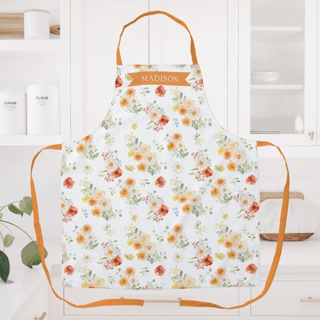 Personalised Name Watercolor Sunny Floral Pattern Apron (Creator Uploaded)