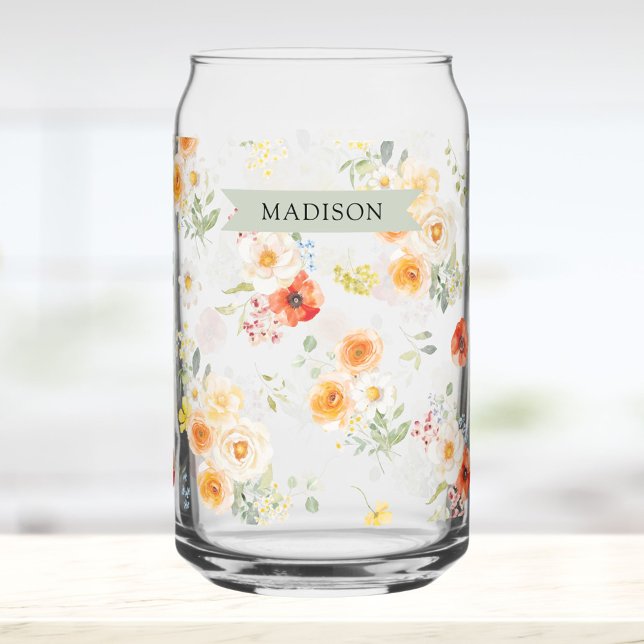 Personalised Name Watercolor Sunny Floral Pattern Can Glass (Creator Uploaded)