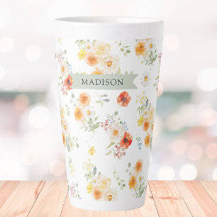 Personalised Name Watercolor Sunny Floral Pattern Latte Mug