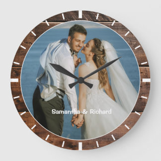 Personalised Name Wedding Photo Rustic Dark Wood Large Clock