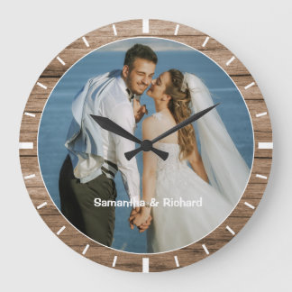 Personalised Name Wedding Photo Rustic Wood Frame Large Clock