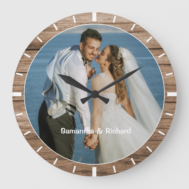 Personalised Name Wedding Photo Rustic Wood Frame  Large Clock (Front)