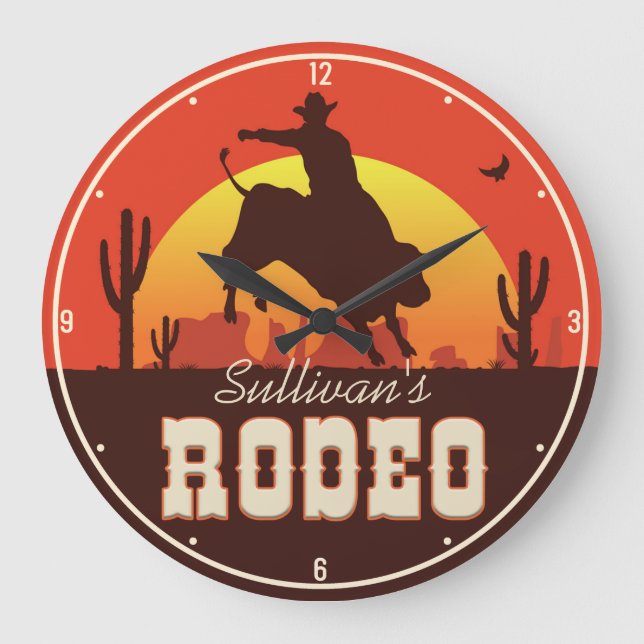 Personalised NAME Western Cowboy Bull Rider Rodeo Large Clock (Front)