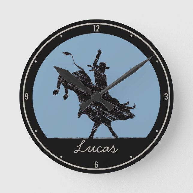 Personalised NAME Western Rodeo Bull Rider Cowboy Round Clock (Front)