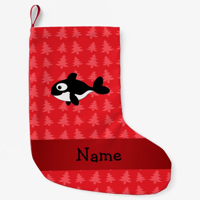 Personalised name whale red christmas trees small christmas stocking (Front)